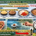 Xtreme Catch Katla Chara ground bait guide showing ingredients, mixing process, bait balls, and fishing steps for rohu and freshwater fish