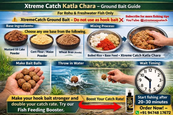 Xtreme Catch Katla Chara ground bait guide showing ingredients, mixing process, bait balls, and fishing steps for rohu and freshwater fish