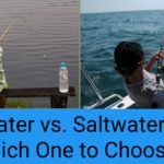 एक तरफ शांत झील में मछली पकड़ता हुआ लड़का और दूसरी तरफ समुद्र में एंगलर गहरे पानी में फिशिंग करता हुआ – मीठे पानी और खारे पानी की मछली पकड़ने की तुलना।