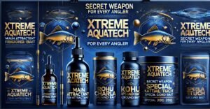 A collection of Xtreme Aqua Tech fishing bait products, including attractants and ground bait, designed for anglers. Featuring fish illustrations and premium branding.