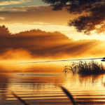 सूर्योदय के समय एक मछुआरा फिशिंग करता हुआ, पानी में खूबसूरत परछाईं के साथ।