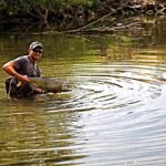 Smiling fisherman gently holding a fish in river during catch and release fishing