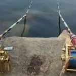 Two fishing rods set near water waiting for fish bite using fishing bait