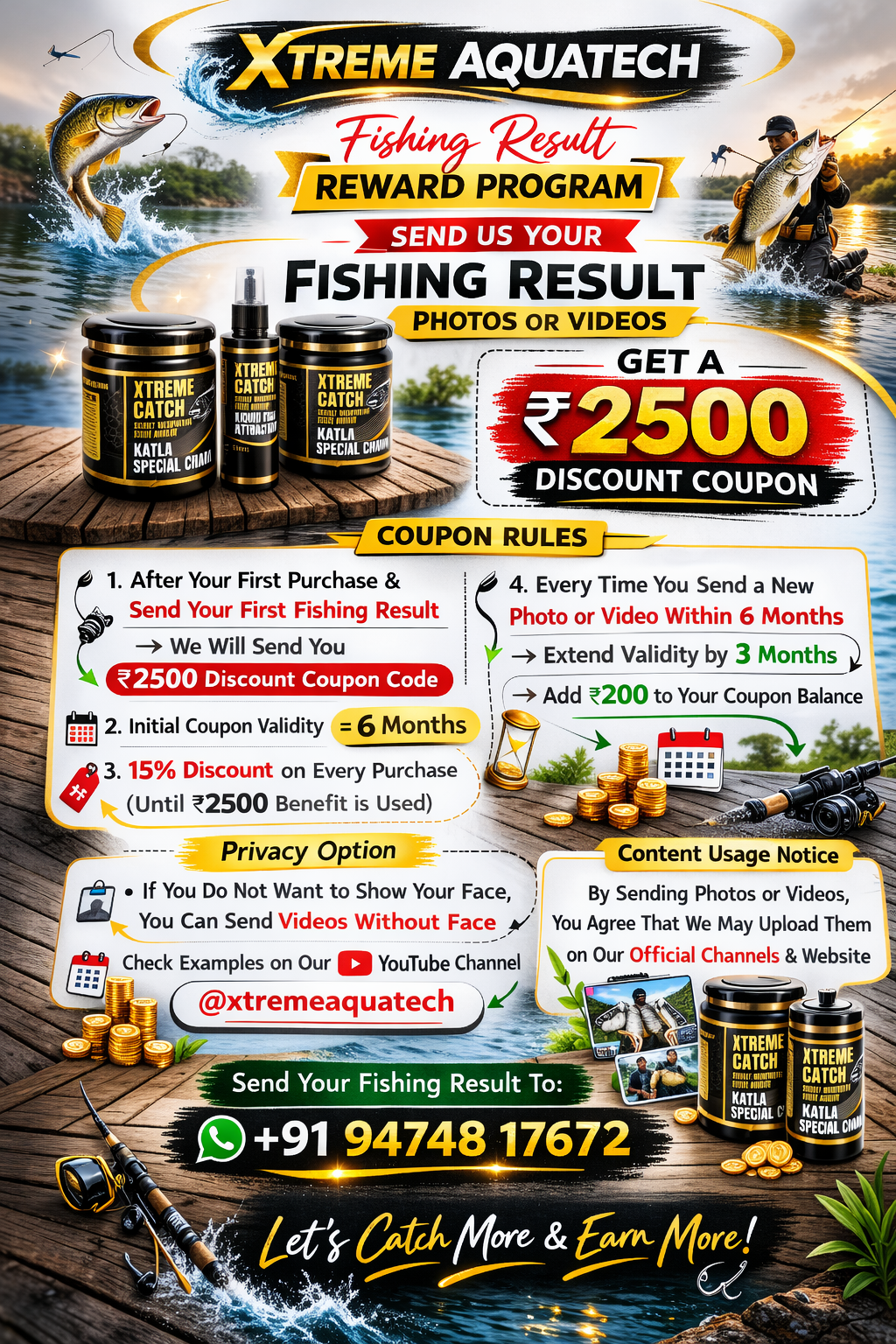 Xtreme Aquatech fishing reward program banner showing ₹2500 discount coupon for sending fishing result photos or videos