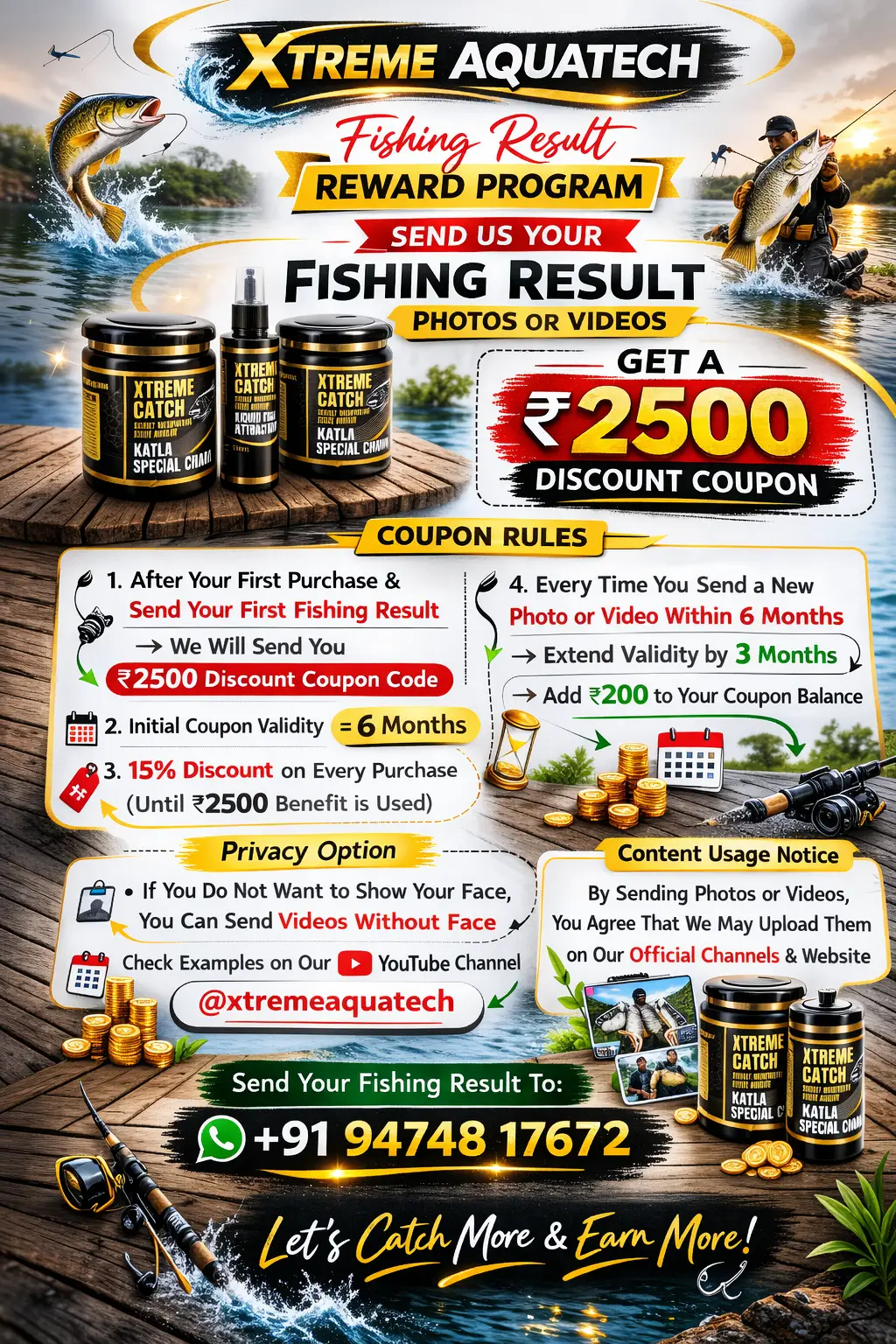 Xtreme Aquatech fishing reward program banner showing ₹2500 discount coupon for sending fishing result photos or videos